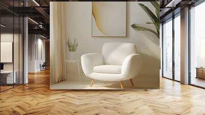 Product photography, the product is a white armchair placed in one corner of the living room. The background features a solid white wall with no environmental distractions.  Wall mural